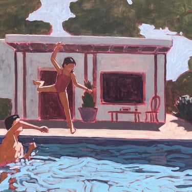 Pool #100 - Original Acrylic Painting on Canvas 30 x 24, father, daughter, outside, summer, michael van, trees, water, blue, aqua, swimming 