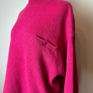 Vintage pink 100% wool sweater~ 1980’s-90’s turtleneck minimalist ~ big & boxy oversized Bright fuchsia/ raspberry pink M/L 