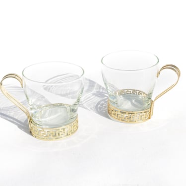 Set of 2 Libbey Glasses with Brass Greek Key Handles, Vintage Glassware, Mid Century Modern Tiki Bar Punch Bowl Glasses 