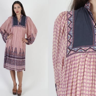 70s Kaiser India Hippie Dress, Vintage Block Print Gauze Material, Caftan Balloon Sleeve Mini Midi Dress L 