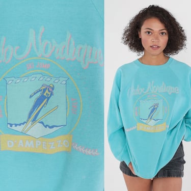 Vintage Ski Sweatshirt 90s Club Nordique D'ampezzo Sweater Italian Ski Club Skier Graphic Shirt Retro Italy Blue Raglan Sleeve 1990s Large L 