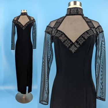 Vintage 90s Tadashi Black Velvet High Neck Long Maxi Dress with Sheer Sleeve and Neckline - Medium ? Black Formal Gown 