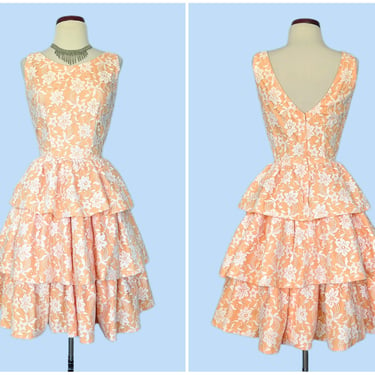 Vintage 60s Tiered Party Dress, 1960s Peach and White Lace Prom Cocktail Dress 