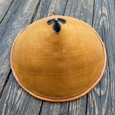 Vintage Woven Asian Farmer's or Sun Hat, Rattan Wicker Reed with Leather - Boho style, Gallery Wall decor, Straw Hat, Coolie Hat, Hand Made 