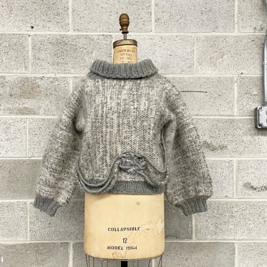 Vintage Sweater Retro 1980s Handknit + Pullover + Fuzzy + Cowl Neck + Grey + Beige + Balloon Sleeve + Womens Apparel 