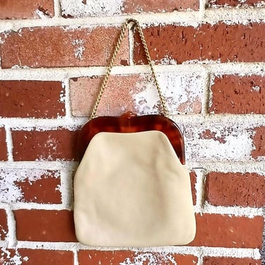 Vintage 60s/ 70s Manon Tan  Bag / Lucite Top/Opening / w Mirror/Comb 
