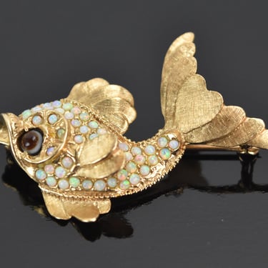 Vintage 14k Solid Gold Opal Garnet Stylized Dolphin Koi Fish Brooch Pin 