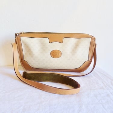Gucci 1970's 80's Caramel Brown Leather and Leather and Logo Canvas Shoulder Bag Purse Micro GG Made in Italy Italian Designer 