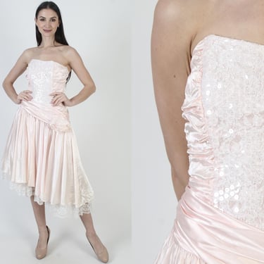 Zum Zum Prom Dress, Pink Asymmetrical Hem, Strapless Formal Gown, Womens 80s Size 7 8 