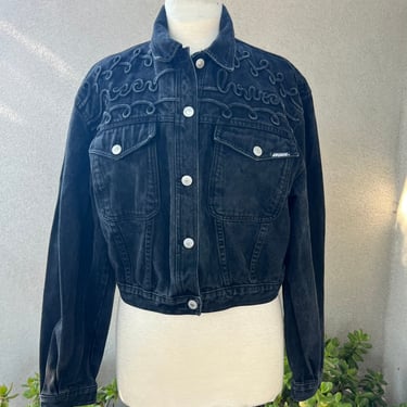 Vintage Jordache Jeanswear faded black denim trucker jacket braid accents Sz Large 
