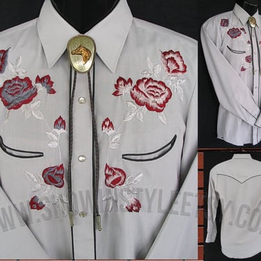 Karman Vintage Western Men's Cowboy, Rodeo Shirt, Gray with Embroidered Red & Gray Roses, Approx. Small or Youth (see meas. photo) 