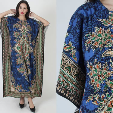 70s Dashiki Caftan Maxi Dress / Indian Ethnic Floral Kaftan / Column Shift Draped Sleeves / Vintage Bohemian Festival Outfit 