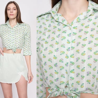 70s Cherry Print Mint Green Crop Top - Small | Vintage Button Up Collared 3/4 Sleeve Cropped Disco Blouse 
