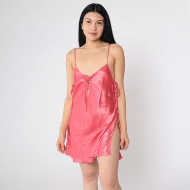 Vintage 90s Pink Satin Slip Dress Lace-Up Sides High Slit Chemise Spaghetti Strap Nightgown Mini V Neck Corset Small Medium 