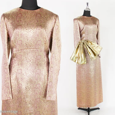 1990s Gold Metallic Evening Dress | 90s Gold & Pink Metallic Formal | Mary McFaddon Couture | Medium 