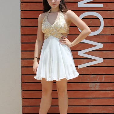 Rave Dress, Vintage 1990s Roberta White & Gold Mini Dress, Fit And Flare, Clubwear, XS/S Women 