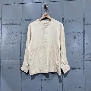 50s Army Fatigue Cream Button Up Thermal Shirt Long Sleeve Henley Medium Vietnam War stencil 