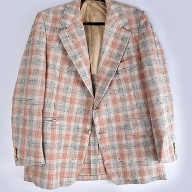 60's Plaid Men's Suit Jacket Sport Coat Vintage 1960's, 1970's, Peach Beige Eagle Clothes Mid Century Leisure Suit 