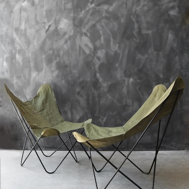 Mid Century Modern 1960s BKF Hardoy for Knoll Butterly chairs US Military canvas covers 