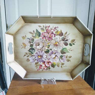 VINTAGE Toleware Serving Tray, Gold Floral Hand Painted Tray, Home Decor 
