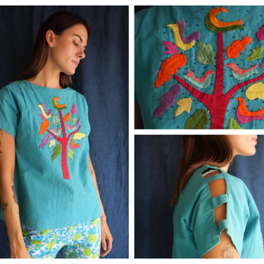 60s Beaded Bird Blue Shell Cotton Top / Sexy Housewife Mad Men / Fifties Sixties Rhinestone / Cut Out Shoulders 