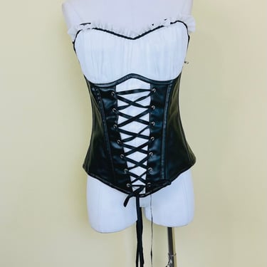 1990s Vintage Top Drawer Goth Pleather Corset / 90s White and Black Naughty Maid Ruffled Bustier / Size Large 