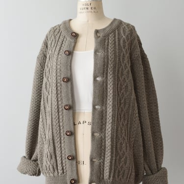 vintage beige wool fisherman cardigan, oversized cable knit sweater, l / xl 