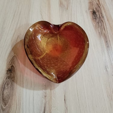 Vintage Murano Glass Heart Shaped Bowl with Gold Inclusions 