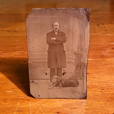 Antique Tintype of Serious Man and Dog - Rare Pet Photography - Unusual Late 1800s Photograph - Gangster? - Underground Image 