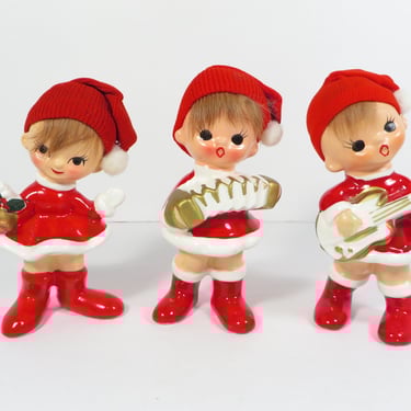 Vintage Red Ceramic Pixie Girl Elves- Set of 3 Made in Japan Christmas Girl Elves 