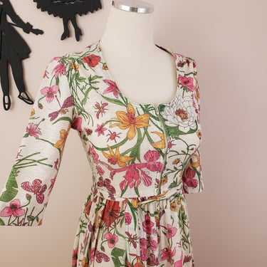 Vintage 1960's Floral Maxi Dress / 70s Zip Front Dress S 