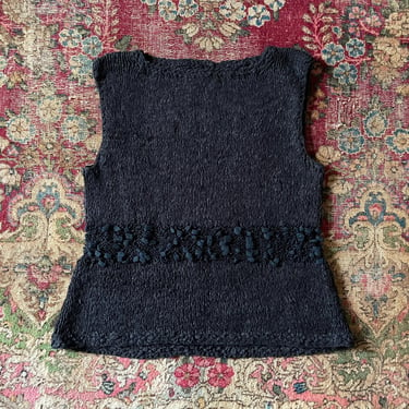 Vintage ‘80s hand knit sweater vest | black super soft ramie cotton crochet, S/M 