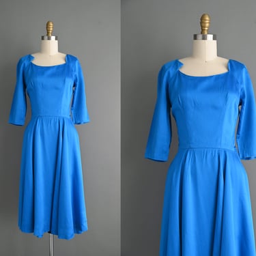 vintage 1950s dress | Royal Blue Satin Cocktail Dress | XS 