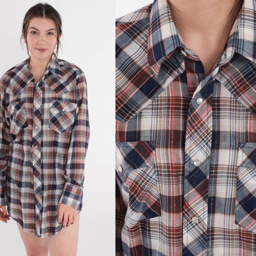 Metallic Western Shirt 80s Plaid Rodeo Shirt Brown White Navy Blue Gold Pearl Snap Button Up Top Checkered Vintage 1980s Men's Medium 