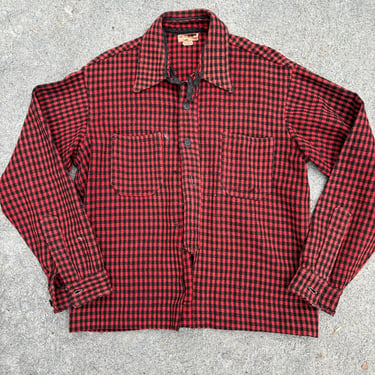 Vintage Antique 1930s Wool Plaid Loop Collar Button Down shirt Red Black Medium Large by TimeBa