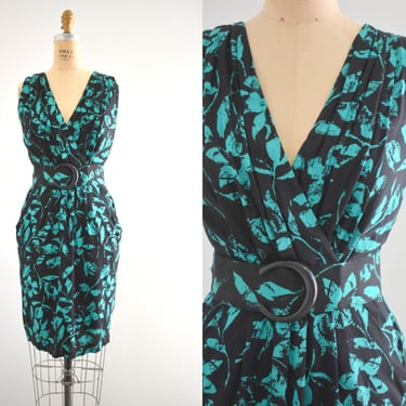 1980s Joni Blair Green and Black Floral Dress 