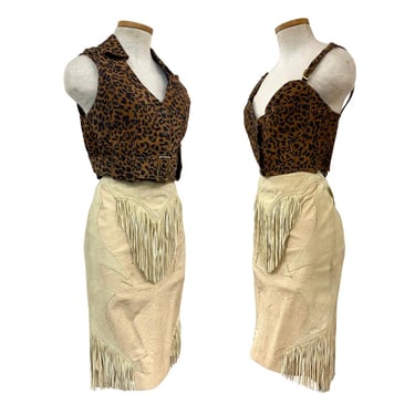 Vtg 80s 1980s Easy Rider Motorcycle Cheetah Print Bustier Cropped Vest Set 