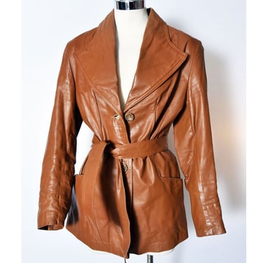 70's Brown Leather Hippie Jacket Vintage Tan Disco era Coat, Belted, 1970's 1960's Wide Lapels, Ossie Clark Biba style boho 