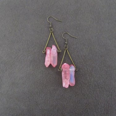 Raw quartz pink crystal earrings, rustic boho bronze unique earrings, geode natural bohemian 