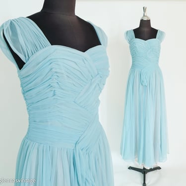 1950s Blue Chiffon Evening Dress | 50s Turquoise Blue Formal | Emma Domb California | Small 