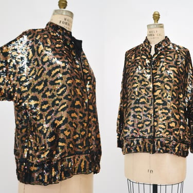 80s 90s Vintage Sequin Jacket Black Small Medium Large Leopard Cheetah Animal Pattern// Glam Vintage Black Sequin Jacket Animal Modi Medium 