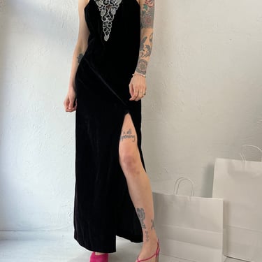 80s 'Dillards' Black Velvet Halter Evening Gown / Medium 