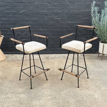 Pair of Mid-Century Modern Iron & Wood Bar Stools, c.1960’s 