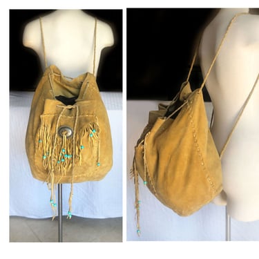 1970s Buckskin Fringe Native American Indian BACKPACK Bag Purse VINTAGE 1960's Leather Tan Brown Beads Hippie, Boho Back pack 