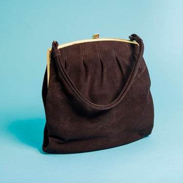50s Dark Chocolate Brown Gold Handle Purse Vintage Velvet Clutch Evening Bag 