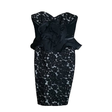 PROM 750.00 Marchesa Notte Black Cocktail Dress Satin Lace Embroidered Strapless 2 