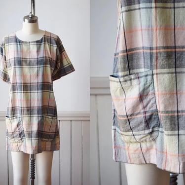 Vintage Madras Plaid Tunic Top/Dress by Norma Kamali | S | 1980s/1990s Pastel Check Woven Cotton Blouse or Mini Dress 