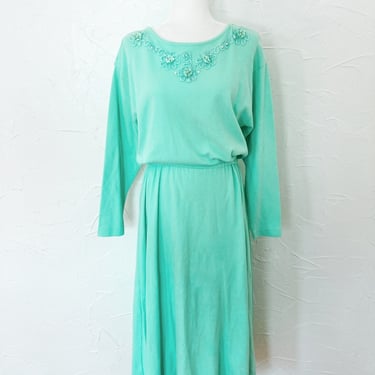 80s Mint Green Light Turquoise Pearl Ribbon Jersey Cotton Maxi Dress | Large 