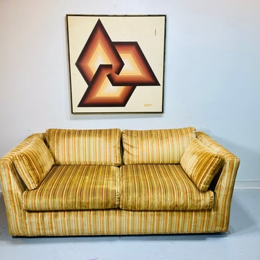 Mid Century Modern Striped Cut Velvet Tuxedo Love Seat Sofa in the Style of Jack Lenor Larson and Milo Baughman for Thayer Coggins 