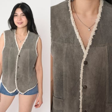 Suede Sherpa Vest 80s Grey Leather Vest Top Faux Shearling Lined Sleeveless Jacket Retro Western Snap Up Bohemian Vintage 1980s Medium M 